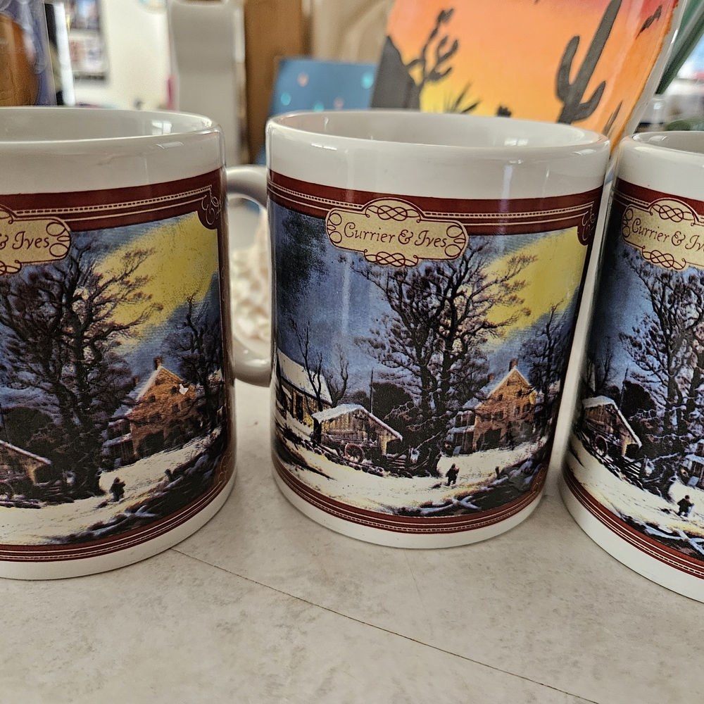 Currier & IVES Vintagr Painted Winter Scene Mug Set Of 4- Glass - Multicolor